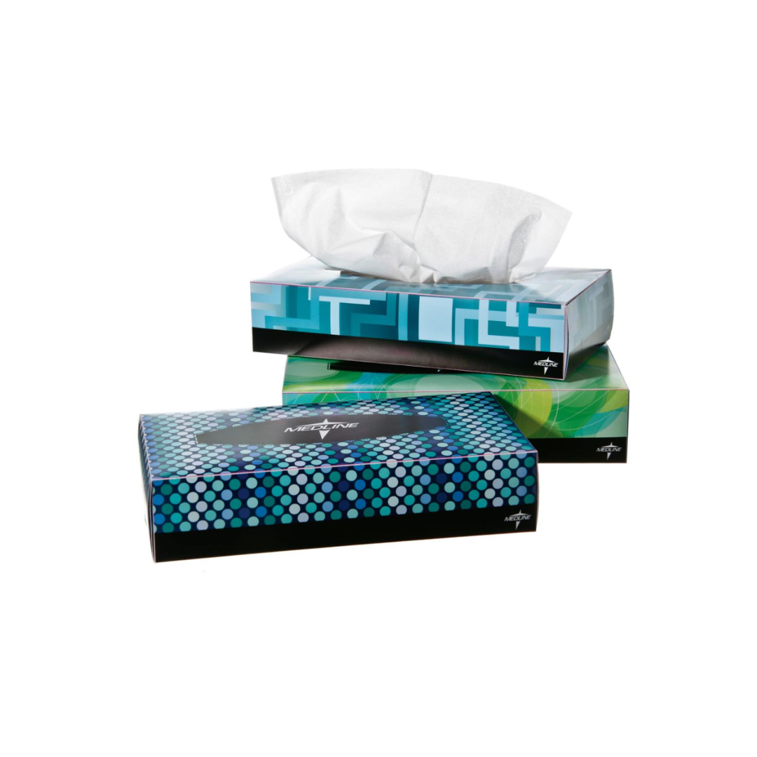 Three rectangular Medline Premium 2-Ply Facial Tissues boxes with blue and green designs are stacked on a plain white background, one open with a tissue partially pulled out—offering everyday comfort.